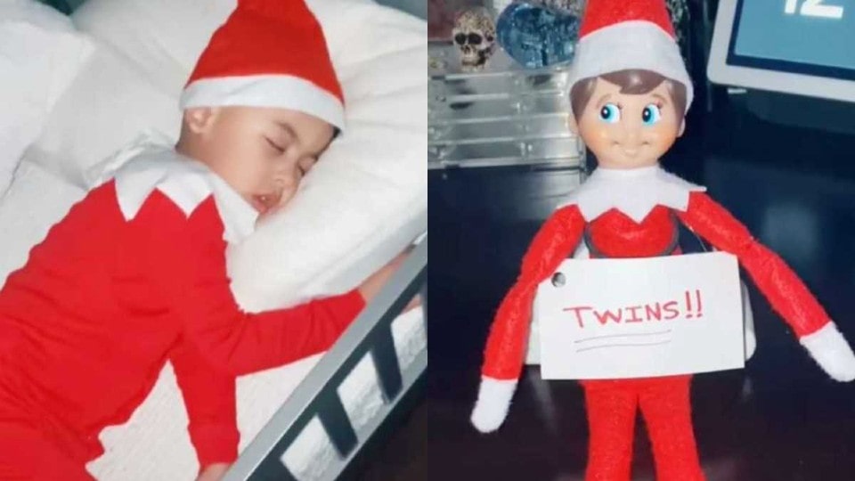 While her son is fast asleep, the mother pulls off the silliest Elf on the Shelf pranks.