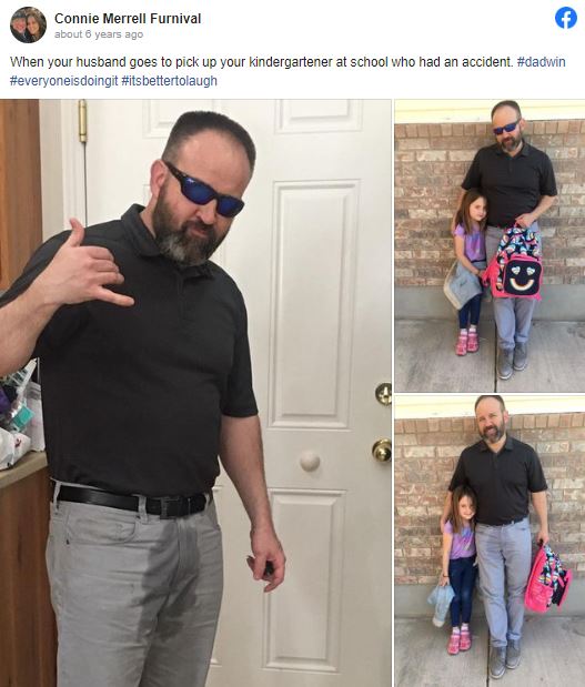 Dad rushes to pick up his 6-year-old daughter from school; the teacher quickly notices a detail on his jeans.