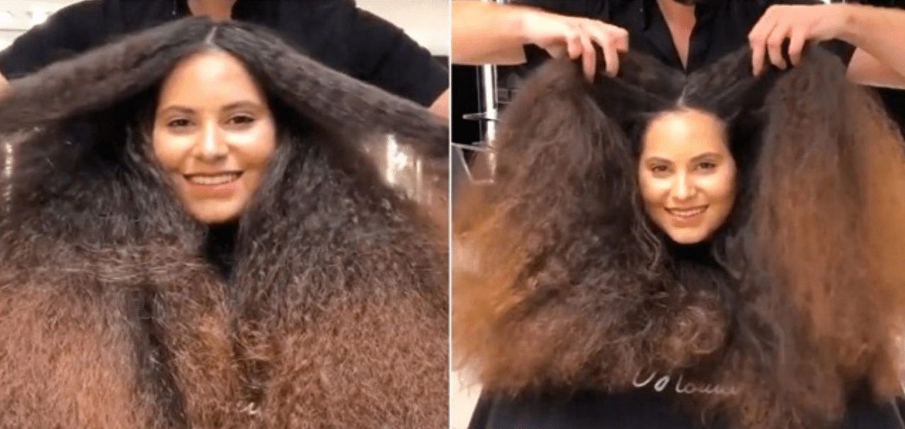 This girl with very curly hair went to the hairstylist and looks so much more beautiful now!