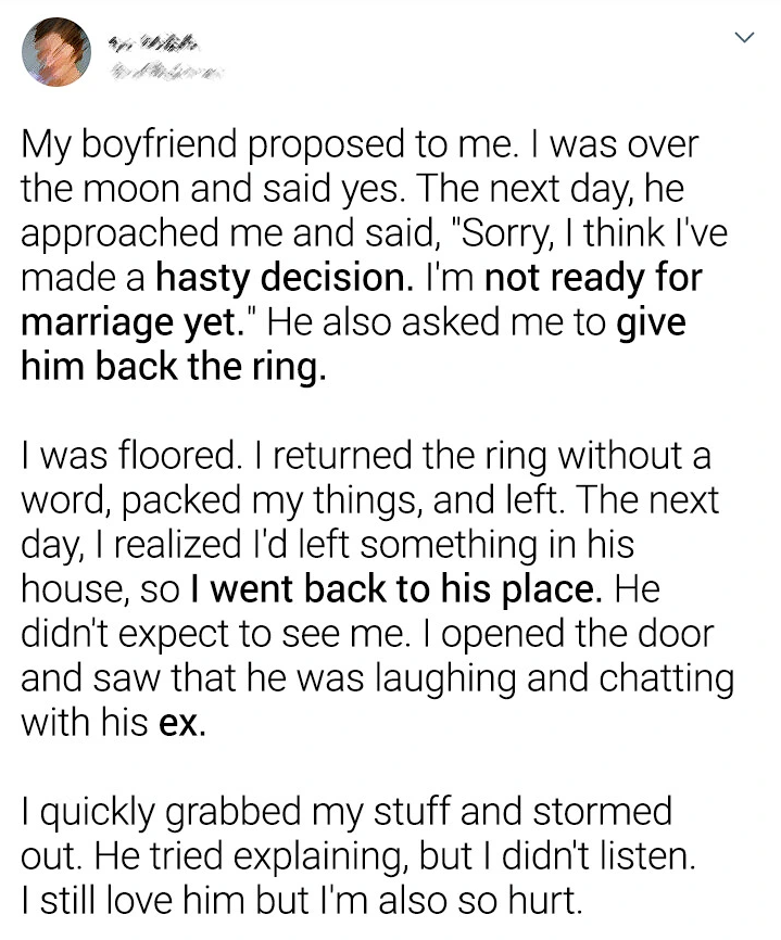 My Boyfriend Proposed to Me, but the Very Next Day, He Suddenly Changed His Mind